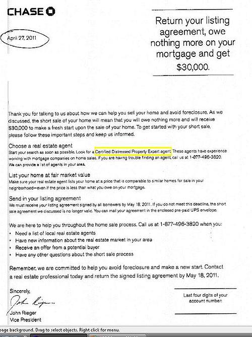 Chase Short Sale Incentive Letter